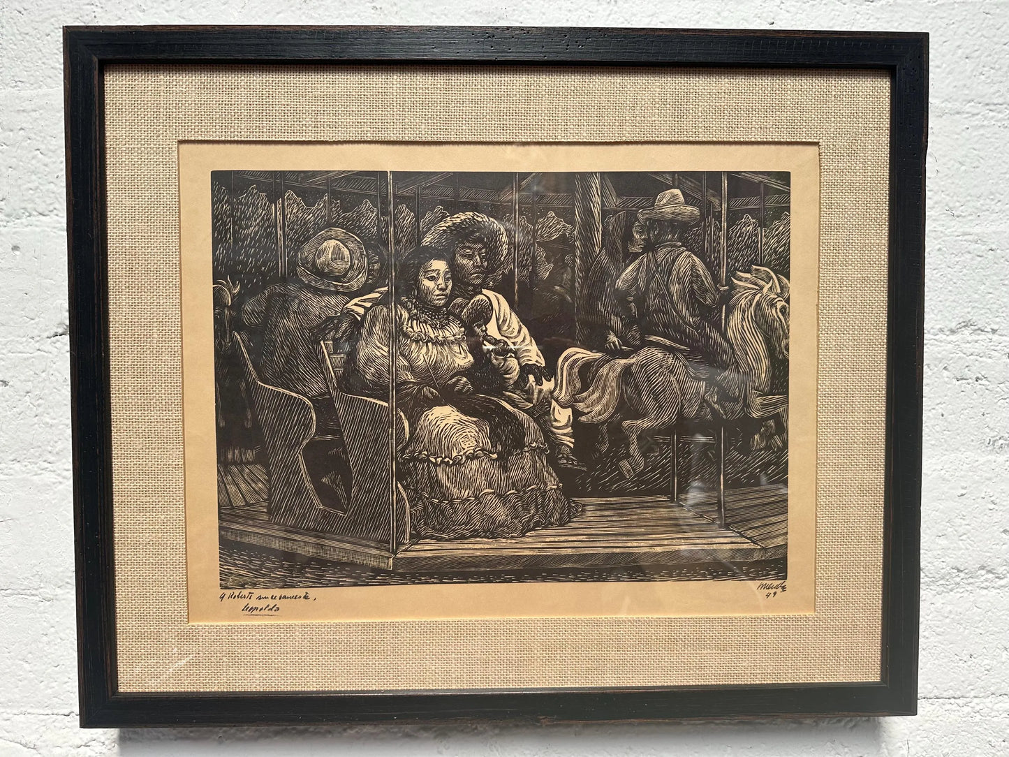 Vintage Mexican Black and White Linocut Print “The Carousel” by Leopoldo Mendez