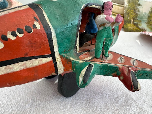 Vintage Mexican FolkArt Clay Airplane with Figures