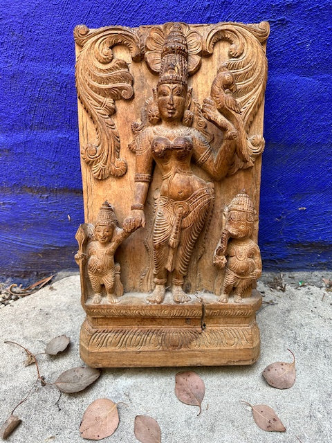Vintage Hand Carved Wood Panel Indian Goddess