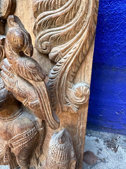Vintage Hand Carved Wood Panel Indian Goddess