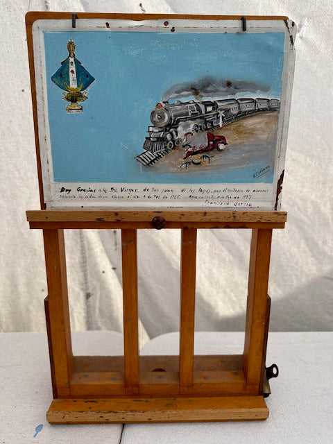 Vintage Mexican Train Crash Retablo with Easel