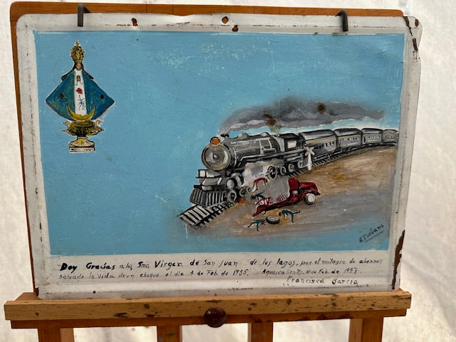 Vintage Mexican Train Crash Retablo with Easel
