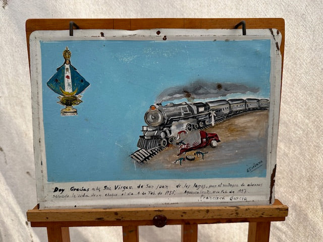 Vintage Mexican Train Crash Retablo with Easel