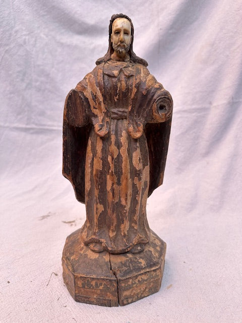 Antique Hand Carved Hand Painted Santo With Bone Face