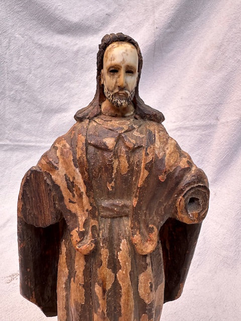 Antique Hand Carved Hand Painted Santo With Bone Face