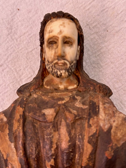 Antique Hand Carved Hand Painted Santo With Bone Face