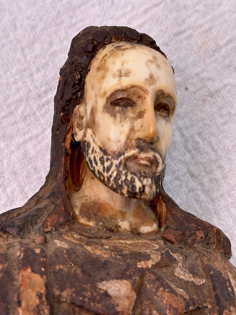 Antique Hand Carved Hand Painted Santo With Bone Face