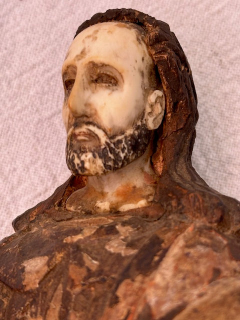 Antique Hand Carved Hand Painted Santo With Bone Face