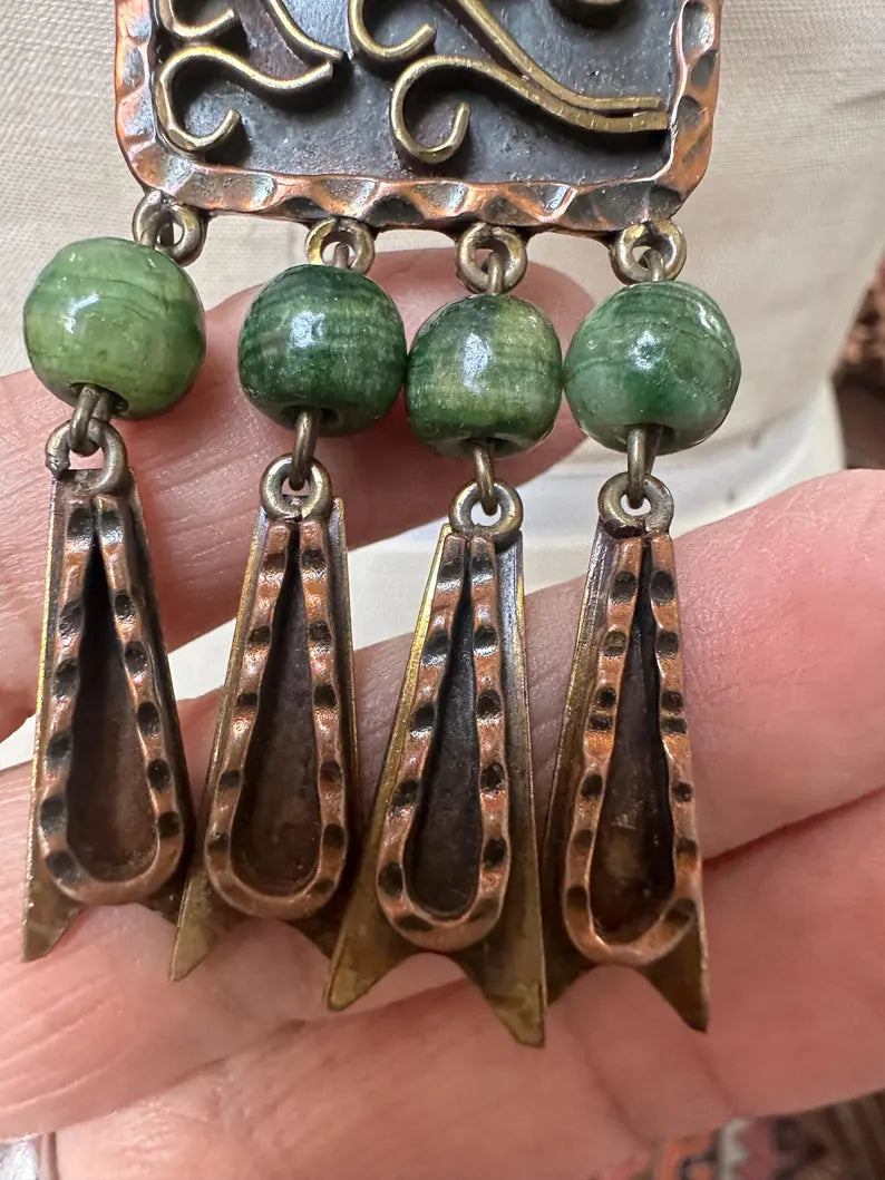 Vintage Handmade Mexican Copper Brass Jade Necklace