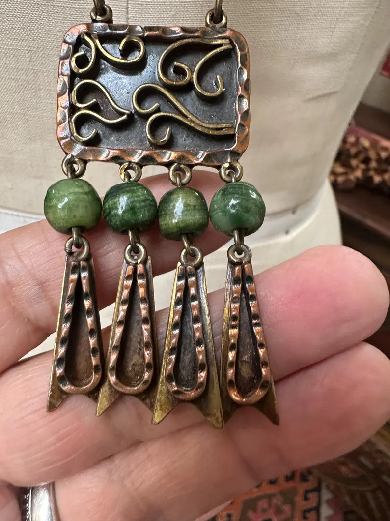 Vintage Handmade Mexican Copper Brass Jade Necklace