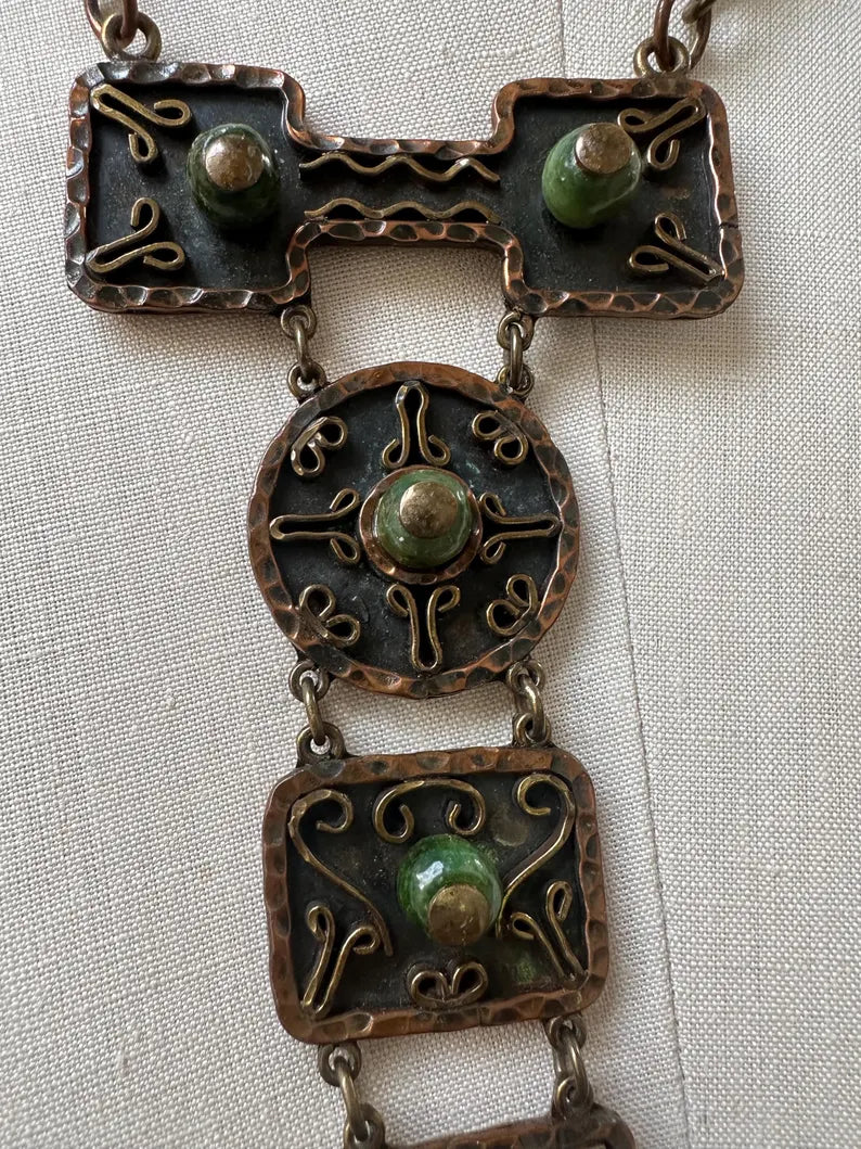 Vintage Handmade Mexican Copper Brass Jade Necklace