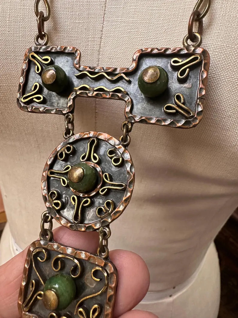 Vintage Handmade Mexican Copper Brass Jade Necklace