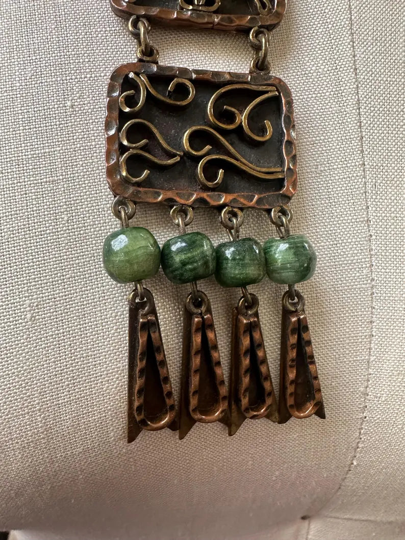 Vintage Handmade Mexican Copper Brass Jade Necklace