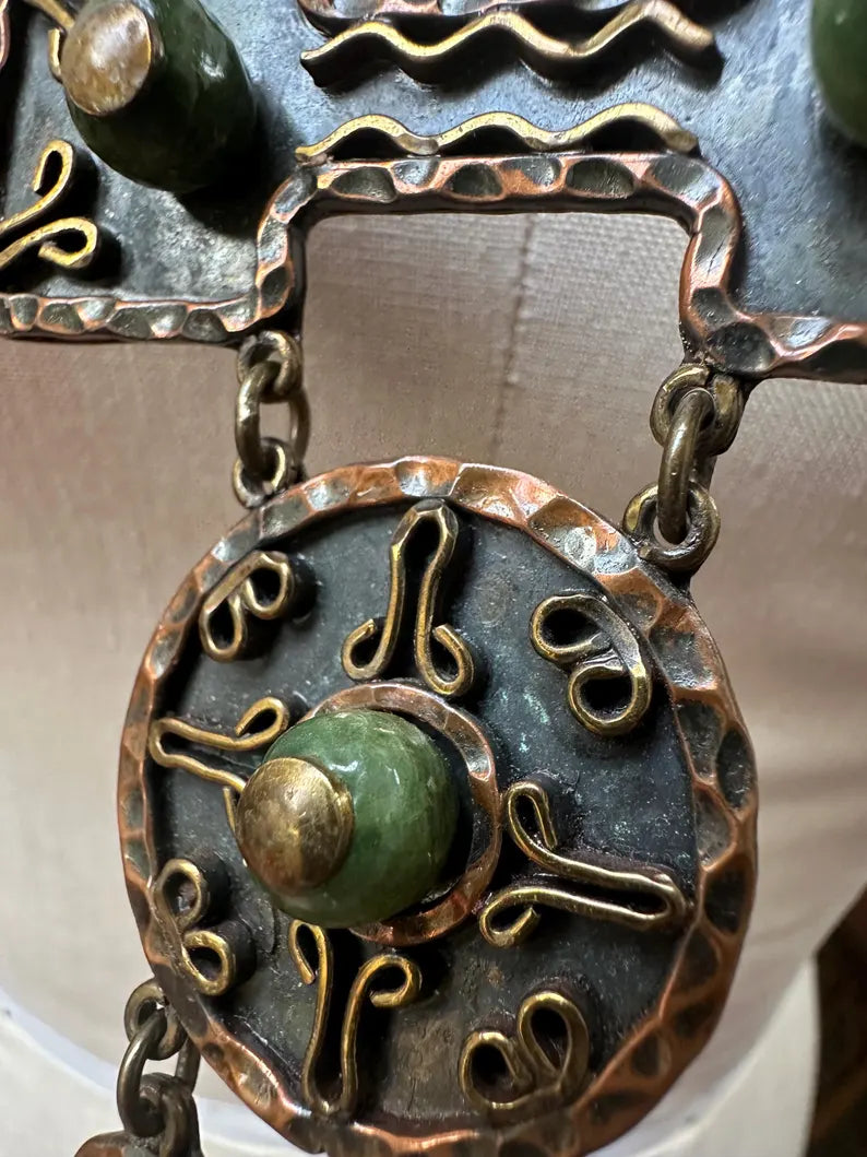 Vintage Handmade Mexican Copper Brass Jade Necklace