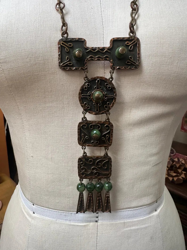 Vintage Handmade Mexican Copper Brass Jade Necklace