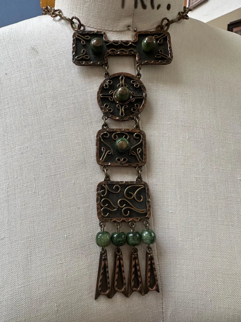 Vintage Handmade Mexican Copper Brass Jade Necklace
