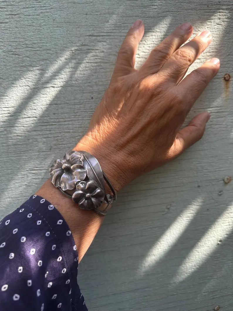 Vintage Sterling Silver Floral Cuff Bracelet