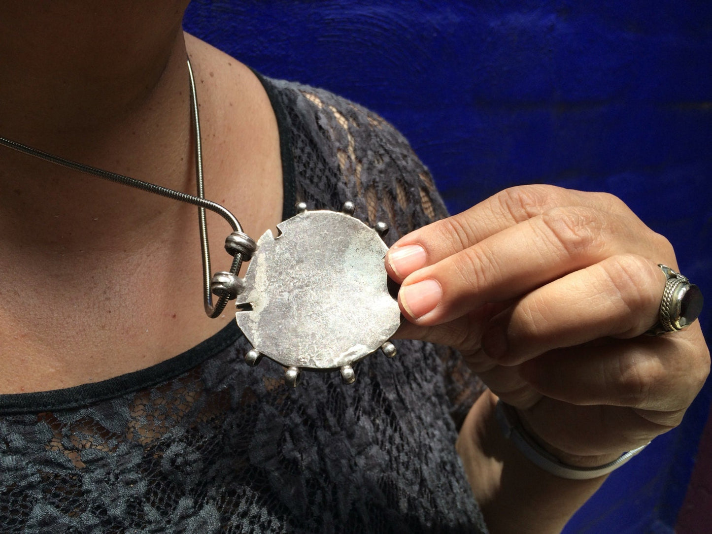 Vintage Rajasthan Indian Old Sterling Silver Pendant Necklace