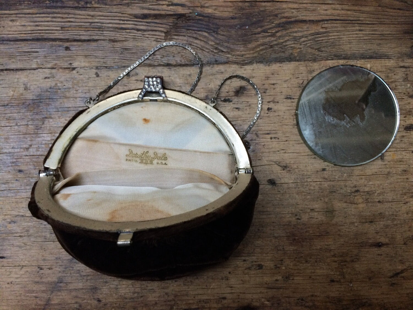 Vintage Brown Velvet Round Evening Bag with Rhinestone Clasp