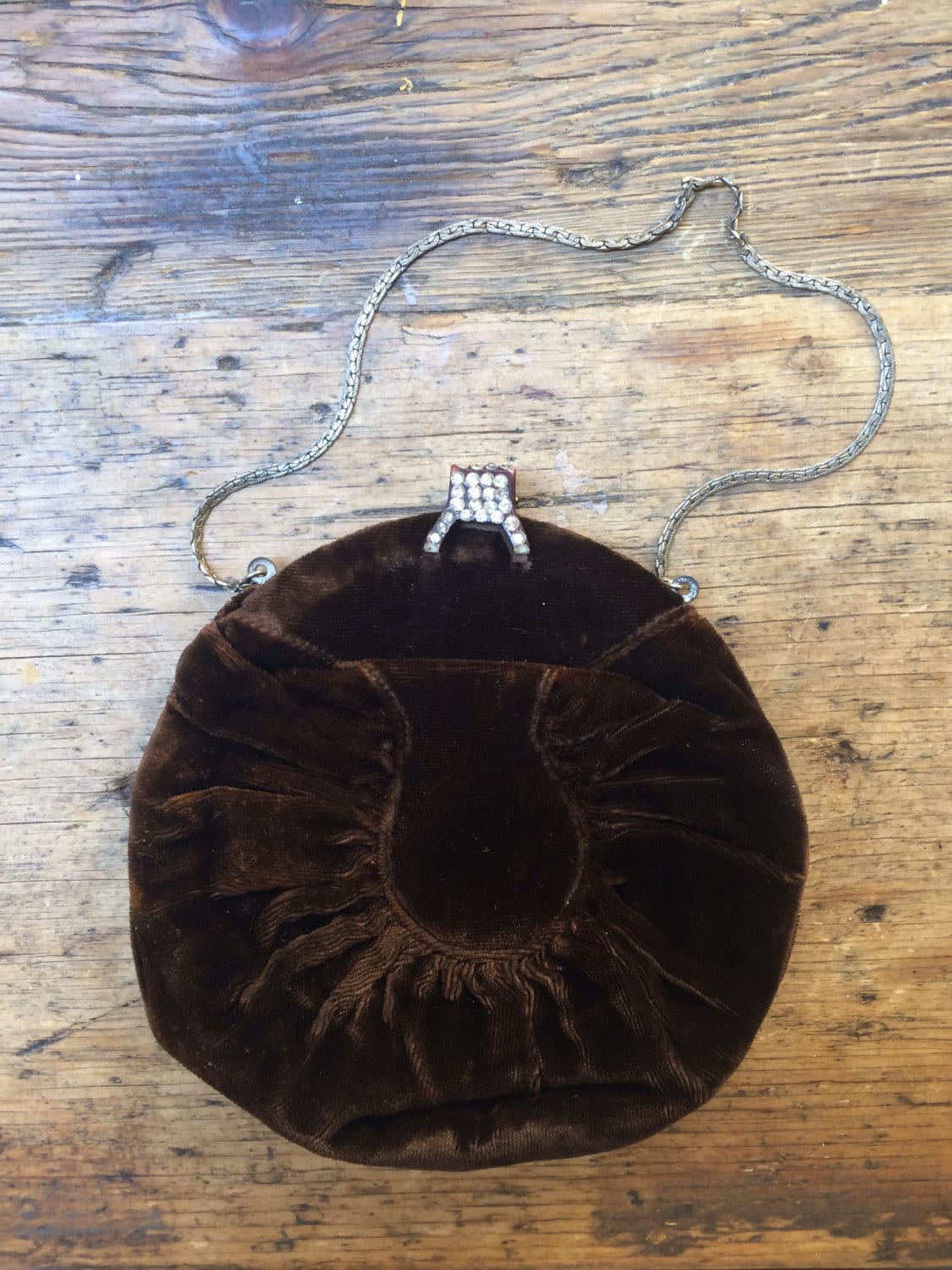 Vintage Brown Velvet Round Evening Bag with Rhinestone Clasp