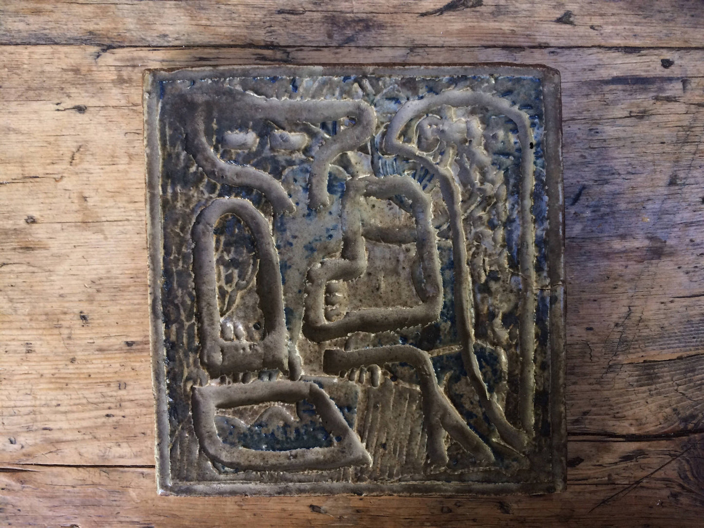 Monochromatic with Speckled Blue Ceramic Tile with Footprint Mid Century