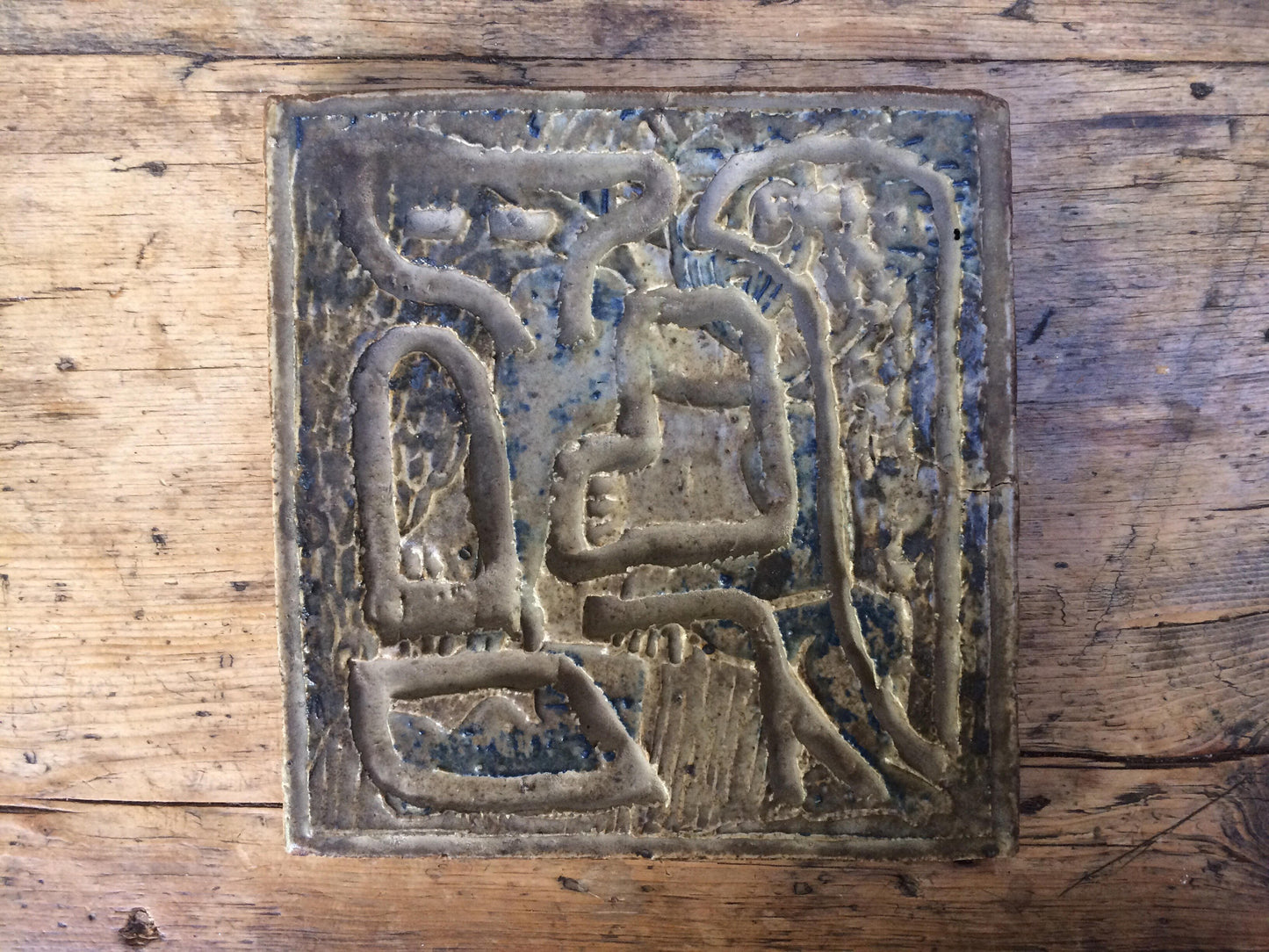 Monochromatic with Speckled Blue Ceramic Tile with Footprint Mid Century