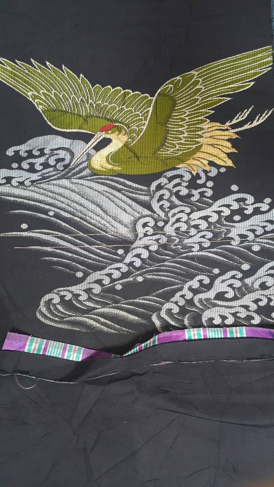Silk Japanese Crane and Wave Textile