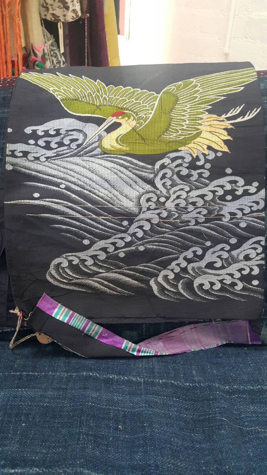 Silk Japanese Crane and Wave Textile