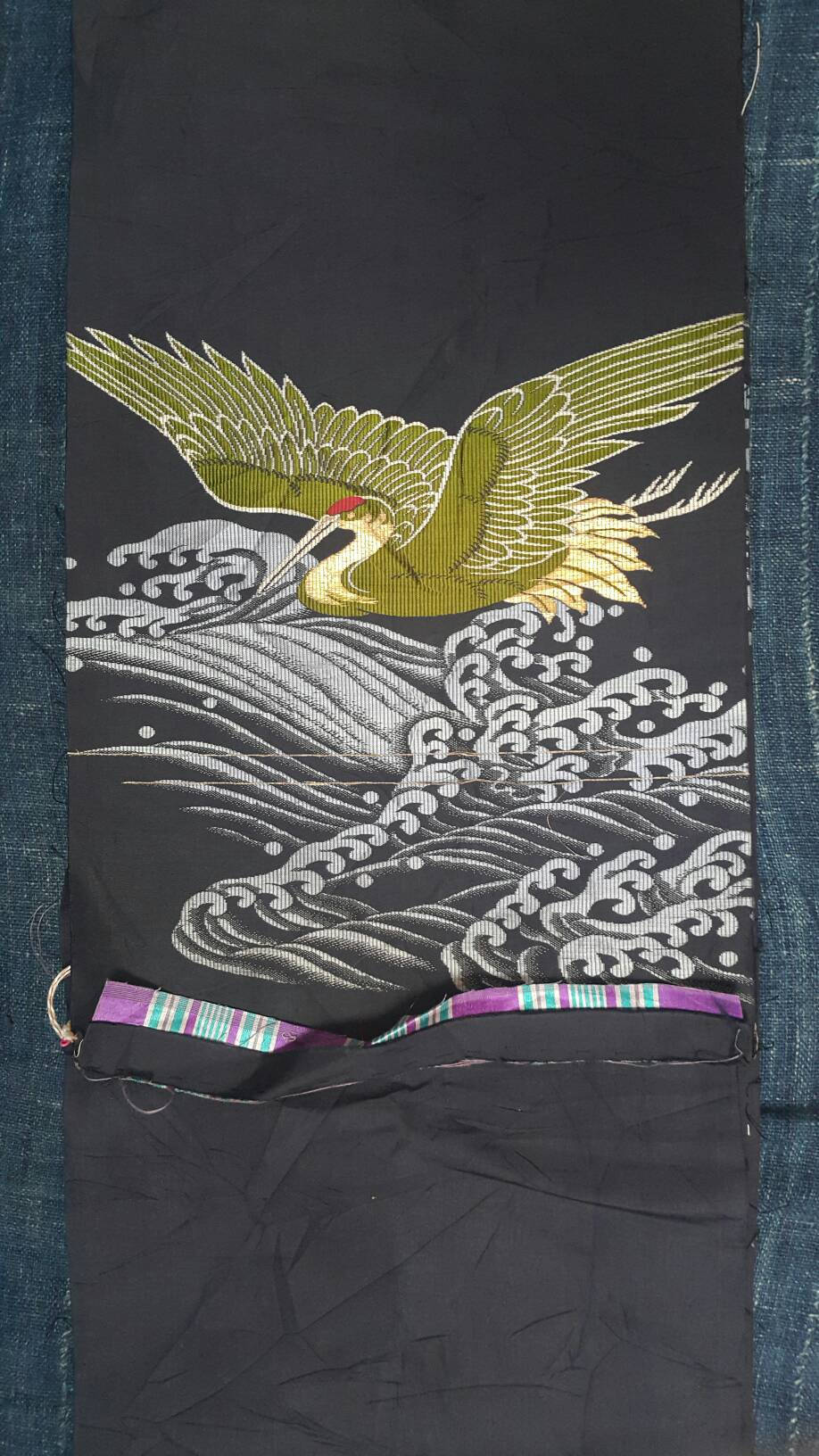 Silk Japanese Crane and Wave Textile