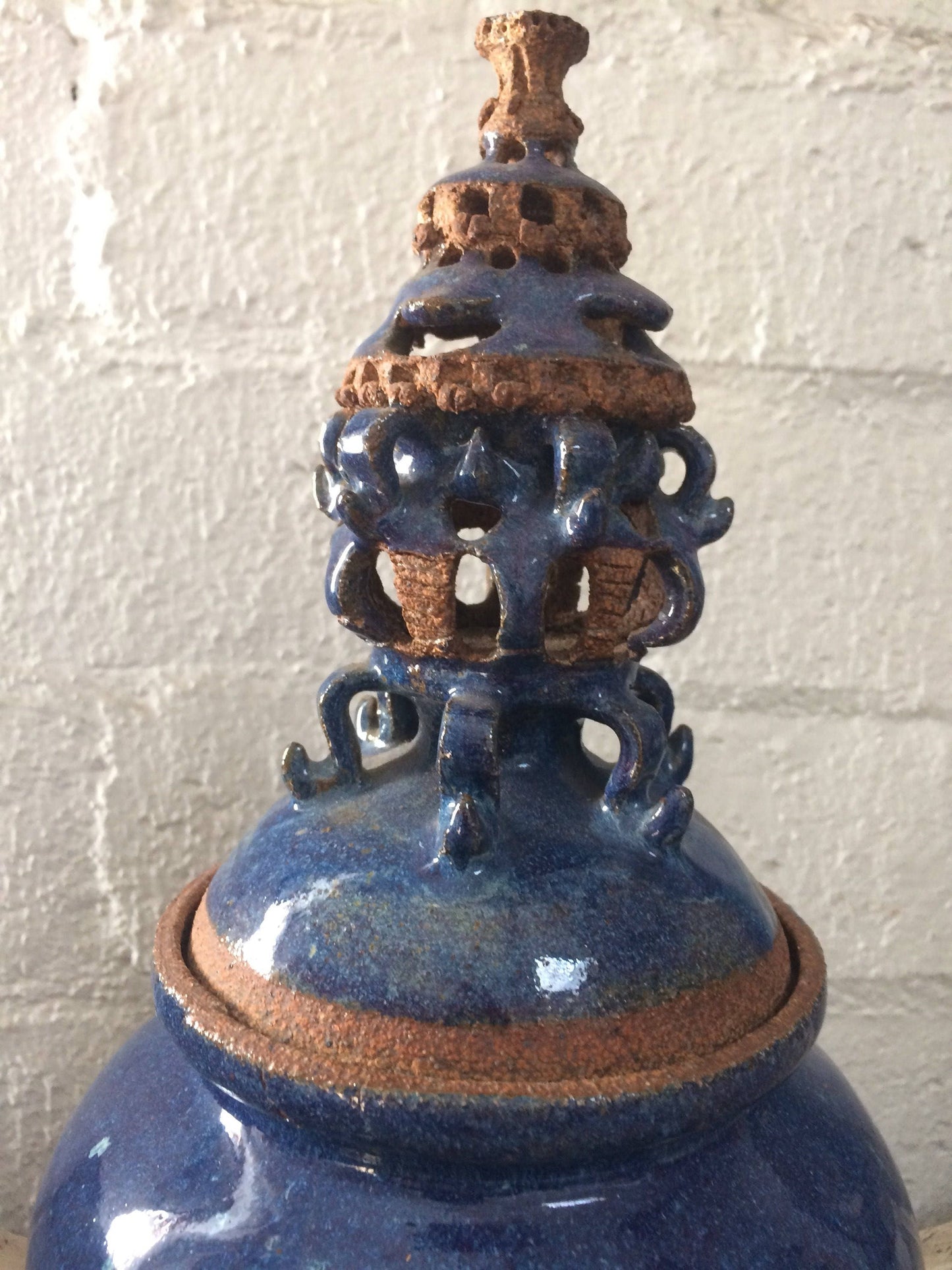 Blue Ceramic Urn Vase with Elaborate Sculptural Top Asian Wooden Base