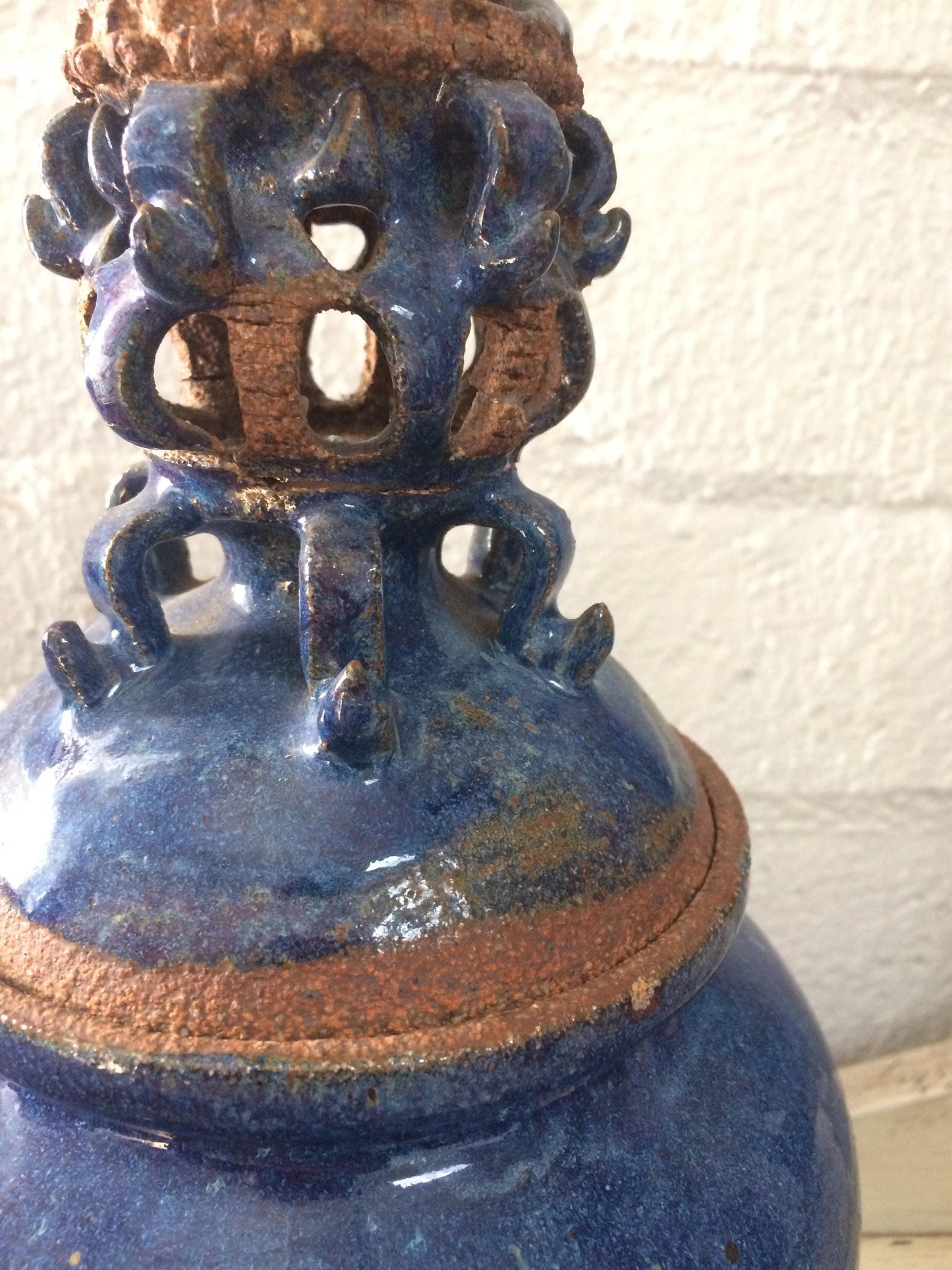 Blue Ceramic Urn Vase with Elaborate Sculptural Top Asian Wooden Base