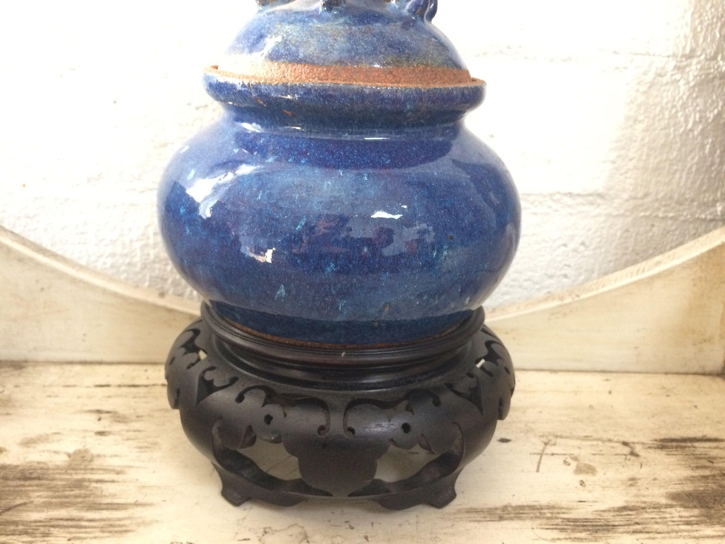 Blue Ceramic Urn Vase with Elaborate Sculptural Top Asian Wooden Base