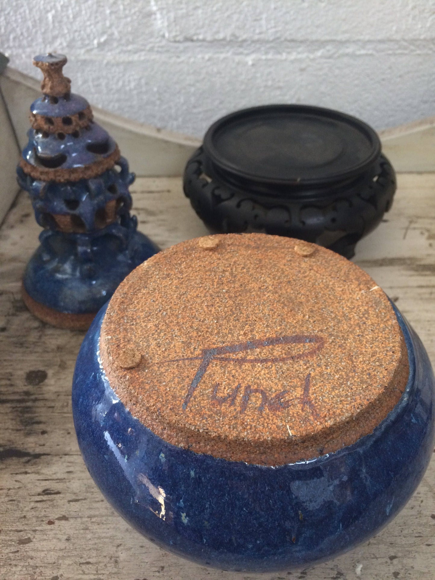 Blue Ceramic Urn Vase with Elaborate Sculptural Top Asian Wooden Base