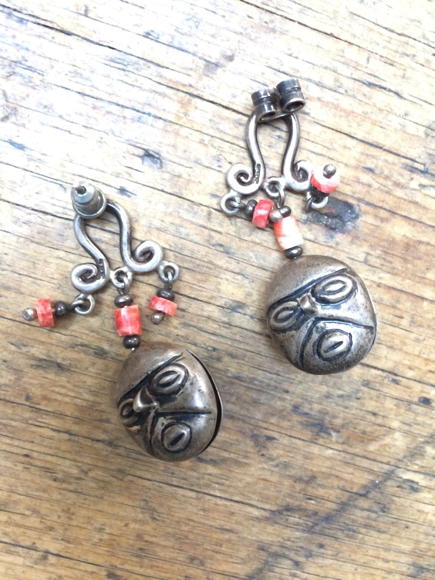 Vintage Mexican Sterling Silver and Coral Earrings with Pre-Columbian Faces