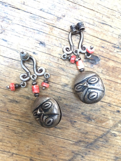 Vintage Mexican Sterling Silver and Coral Earrings with Pre-Columbian Faces
