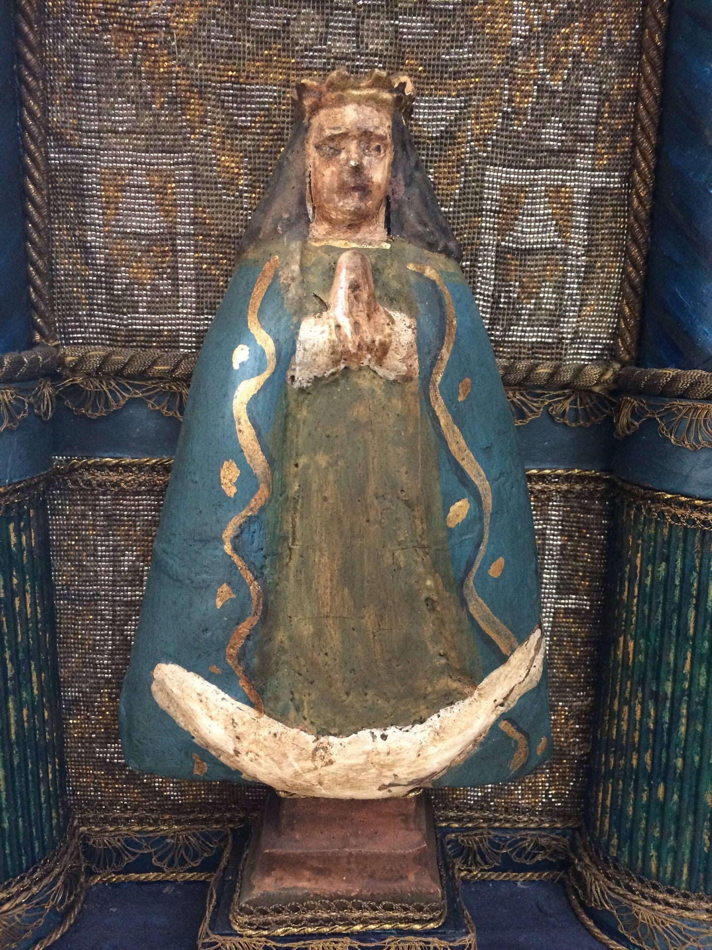 Vintage 3D Virgin of Guadelupe Assemblage Mixes Media Retablo Alter Shrine