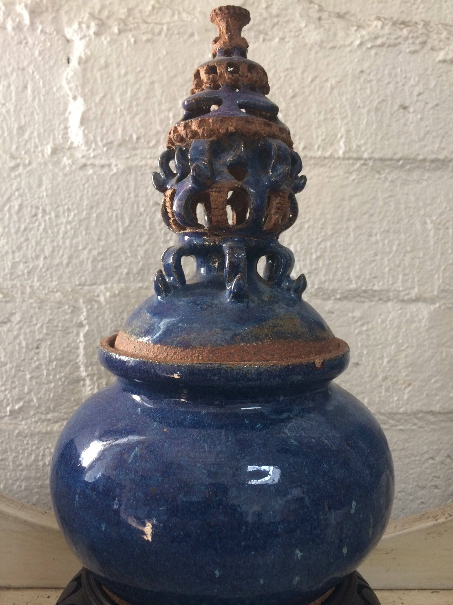 Blue Ceramic Urn Vase with Elaborate Sculptural Top Asian Wooden Base