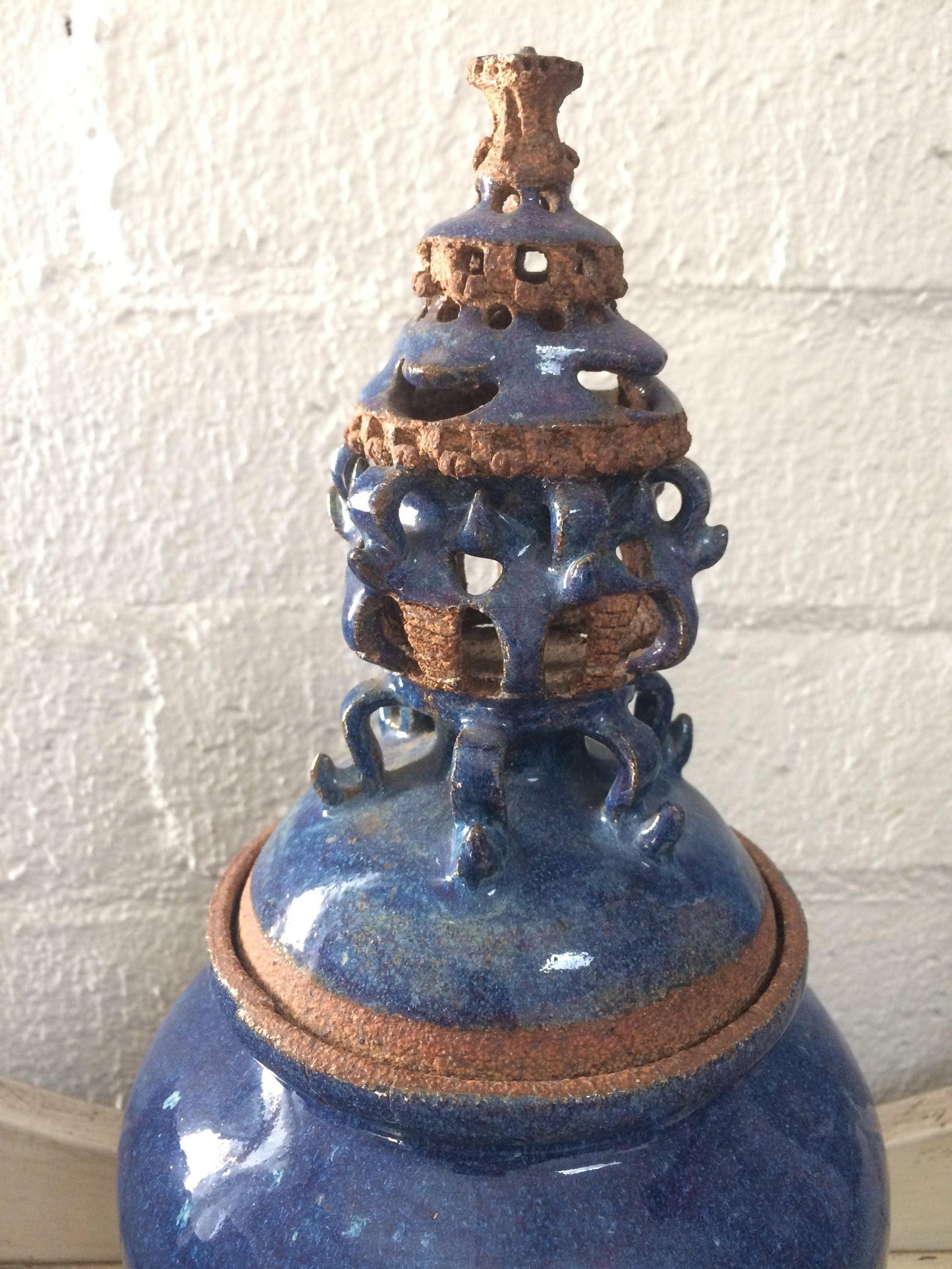 Blue Ceramic Urn Vase with Elaborate Sculptural Top Asian Wooden Base