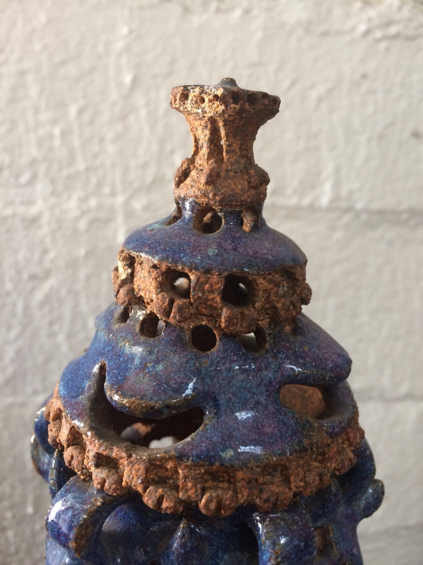 Blue Ceramic Urn Vase with Elaborate Sculptural Top Asian Wooden Base