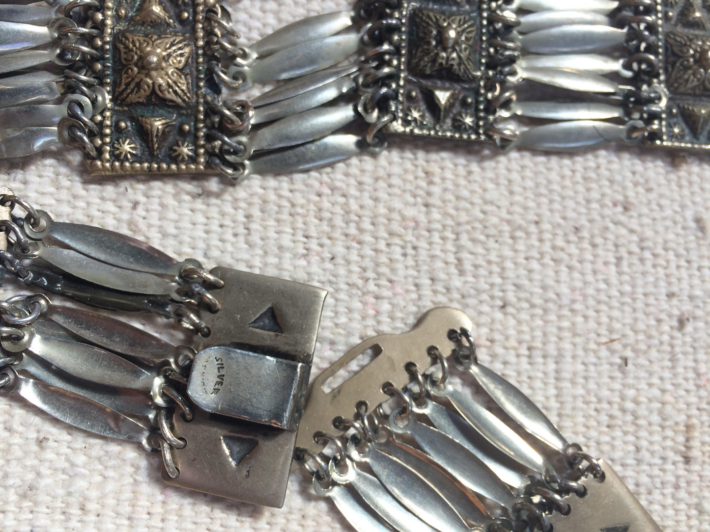 Vintage Mexican Silver Linked Tribal Reposse Necklace or Belt
