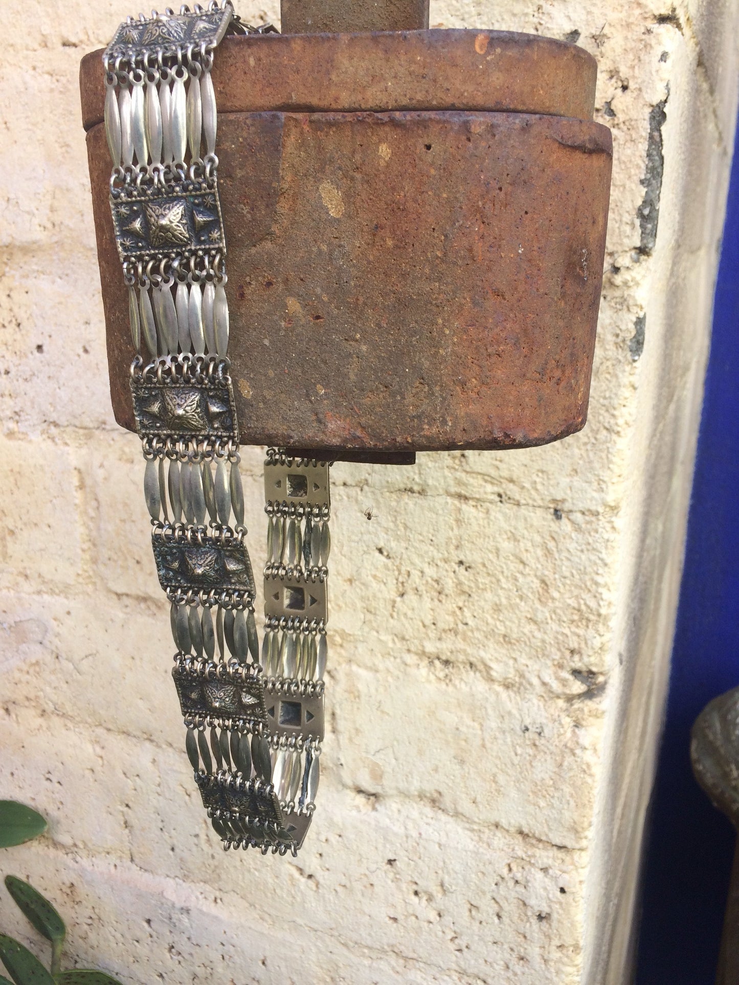Vintage Mexican Silver Linked Tribal Reposse Necklace or Belt