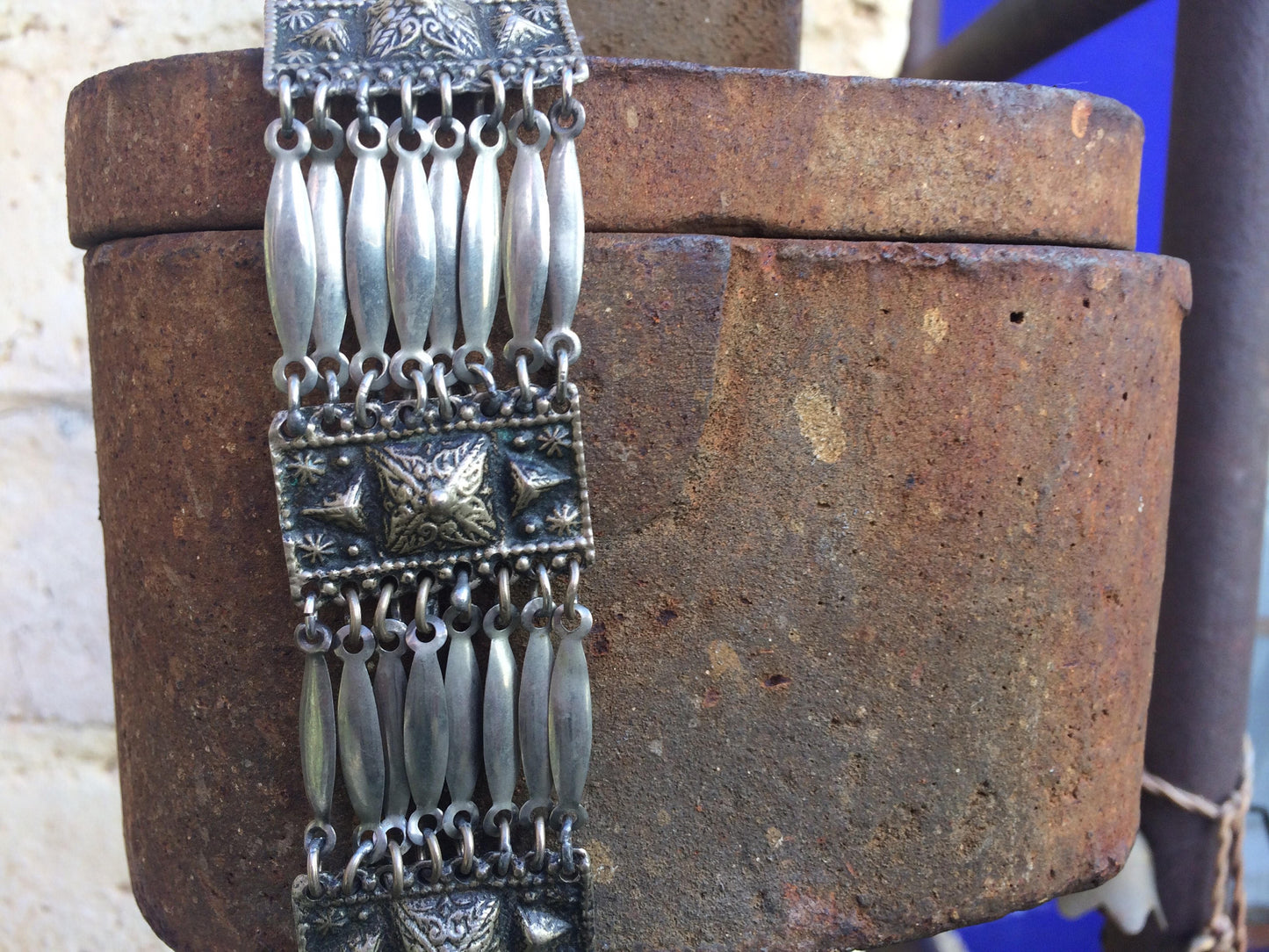 Vintage Mexican Silver Linked Tribal Reposse Necklace or Belt