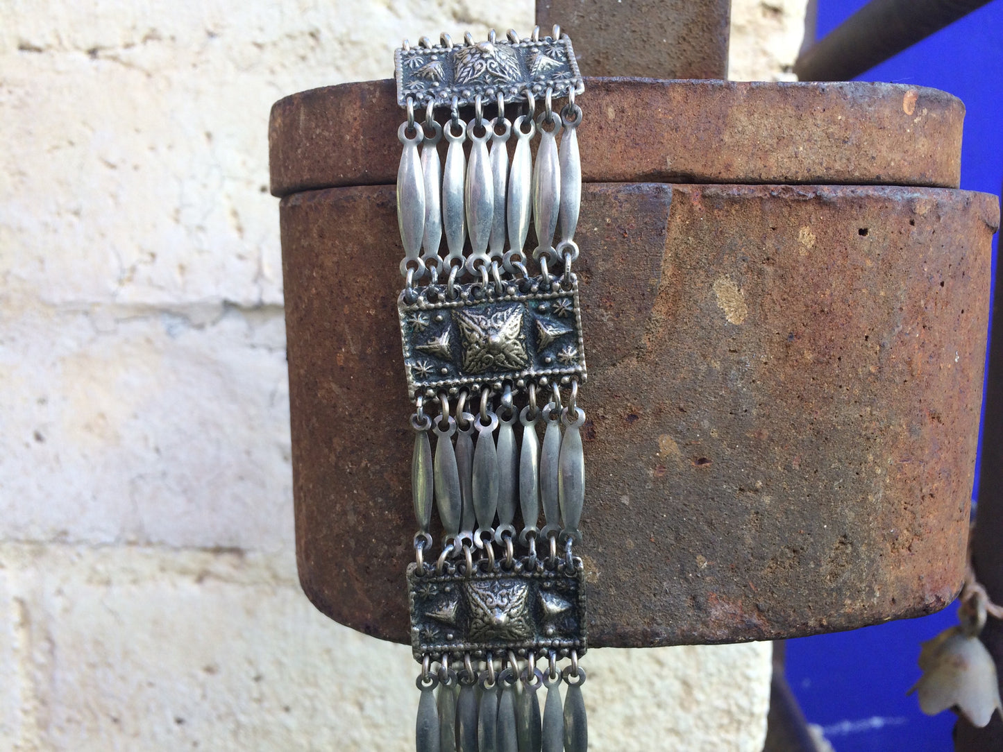 Vintage Mexican Silver Linked Tribal Reposse Necklace or Belt
