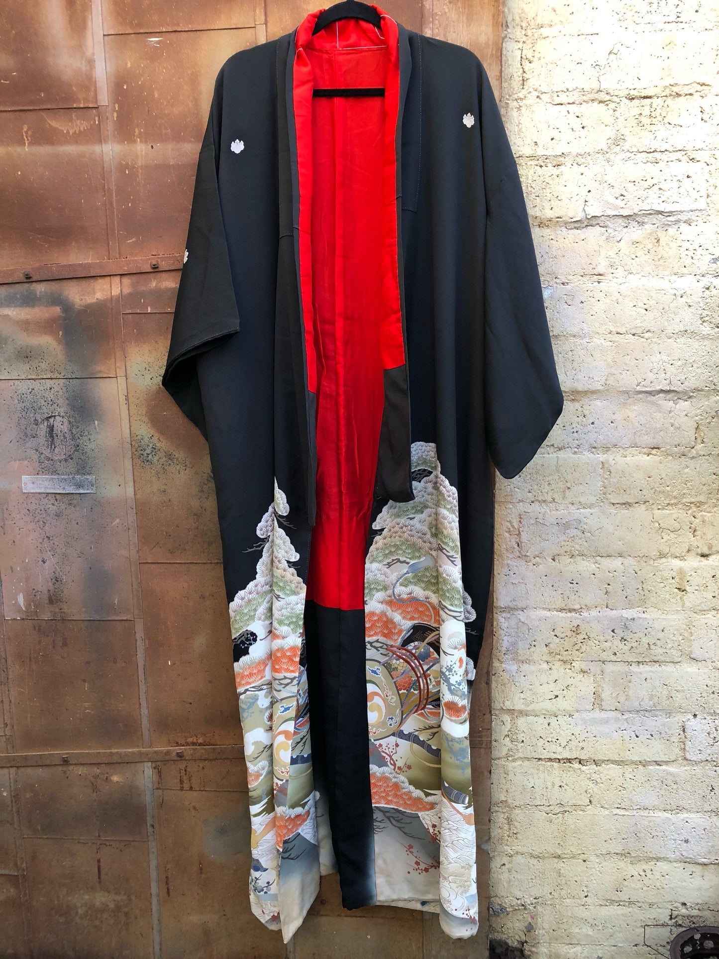 Vintage Black Silk Kimono with Sage, Orange Pine Motiff, Red Cotton Lining
