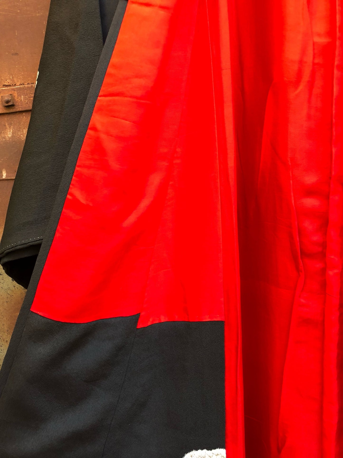 Vintage Black Silk Kimono with Sage, Orange Pine Motiff, Red Cotton Lining