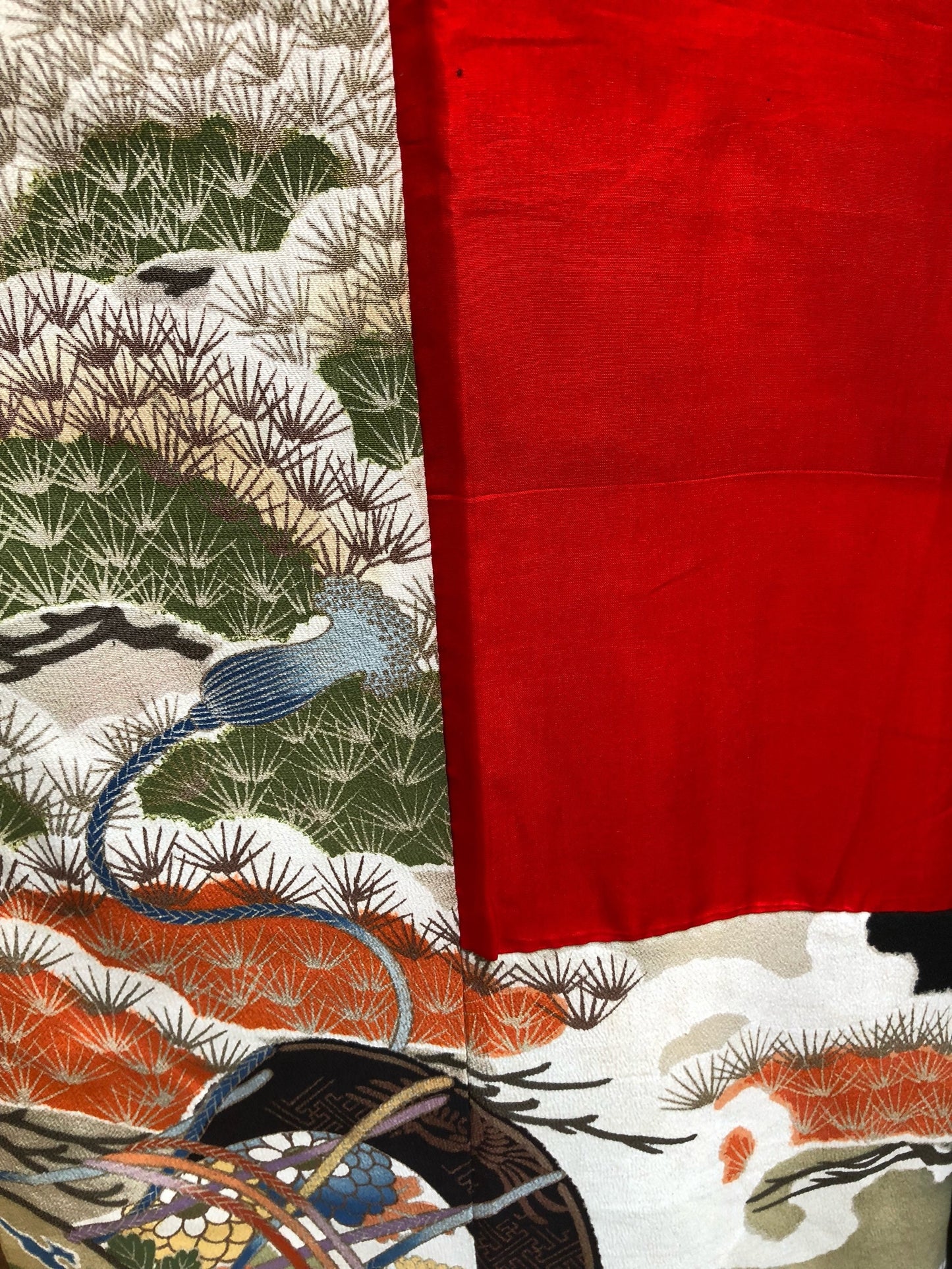 Vintage Black Silk Kimono with Sage, Orange Pine Motiff, Red Cotton Lining