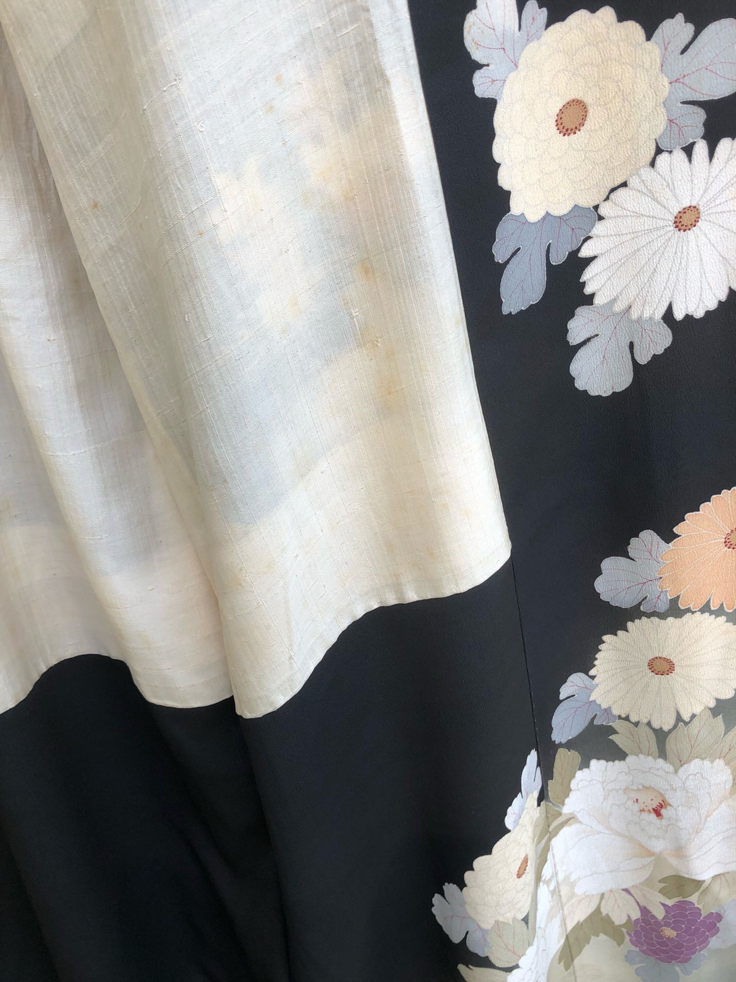 Vintage Japanese Black Silk Kimono with Orange, Beige and White Chrisanthumums and Daisies