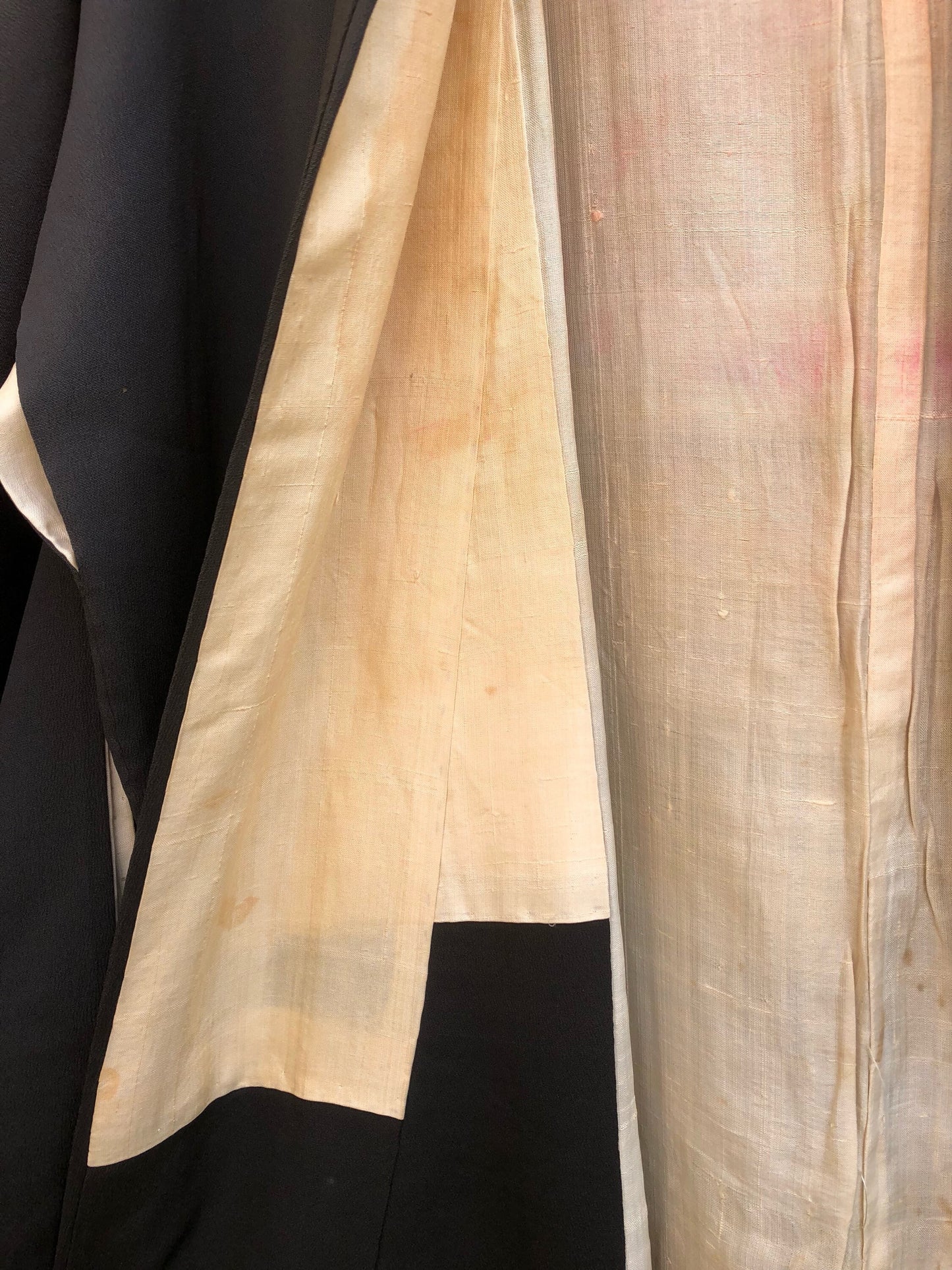 Vintage Japanese Black Silk Kimono with Orange, Beige and White Chrisanthumums and Daisies