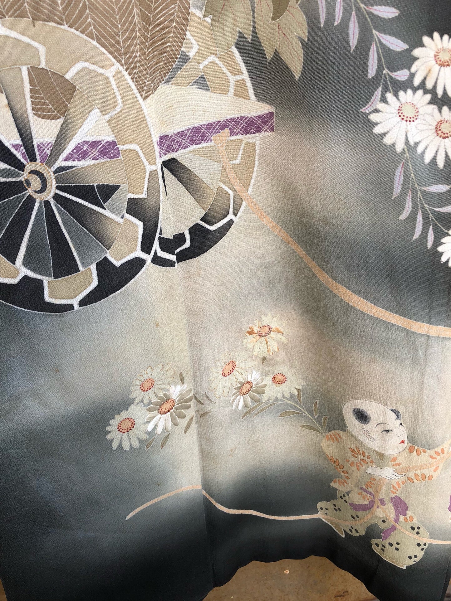 Vintage Japanese Black Silk Kimono with Orange, Beige and White Chrisanthumums and Daisies