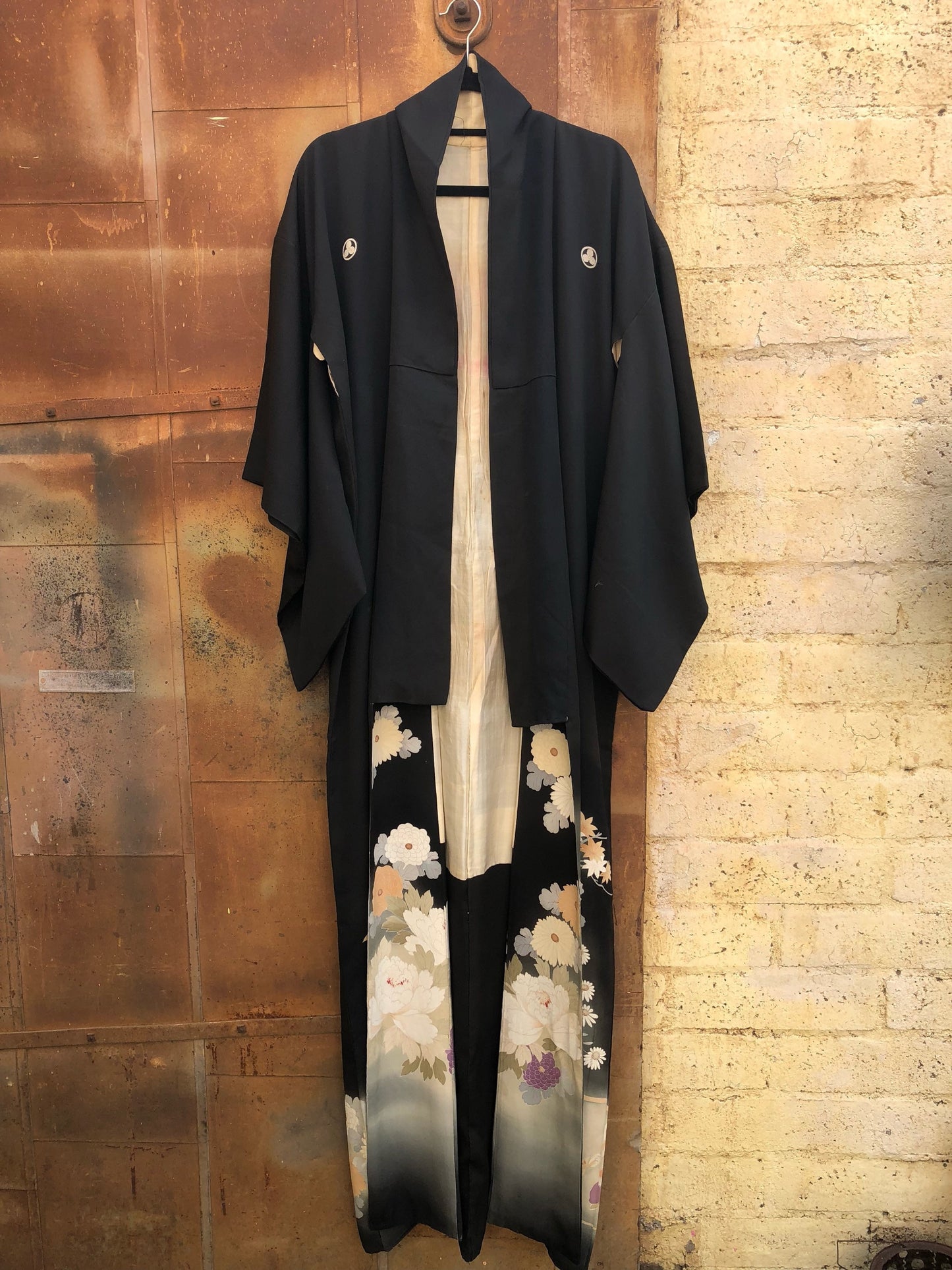 Vintage Japanese Black Silk Kimono with Orange, Beige and White Chrisanthumums and Daisies